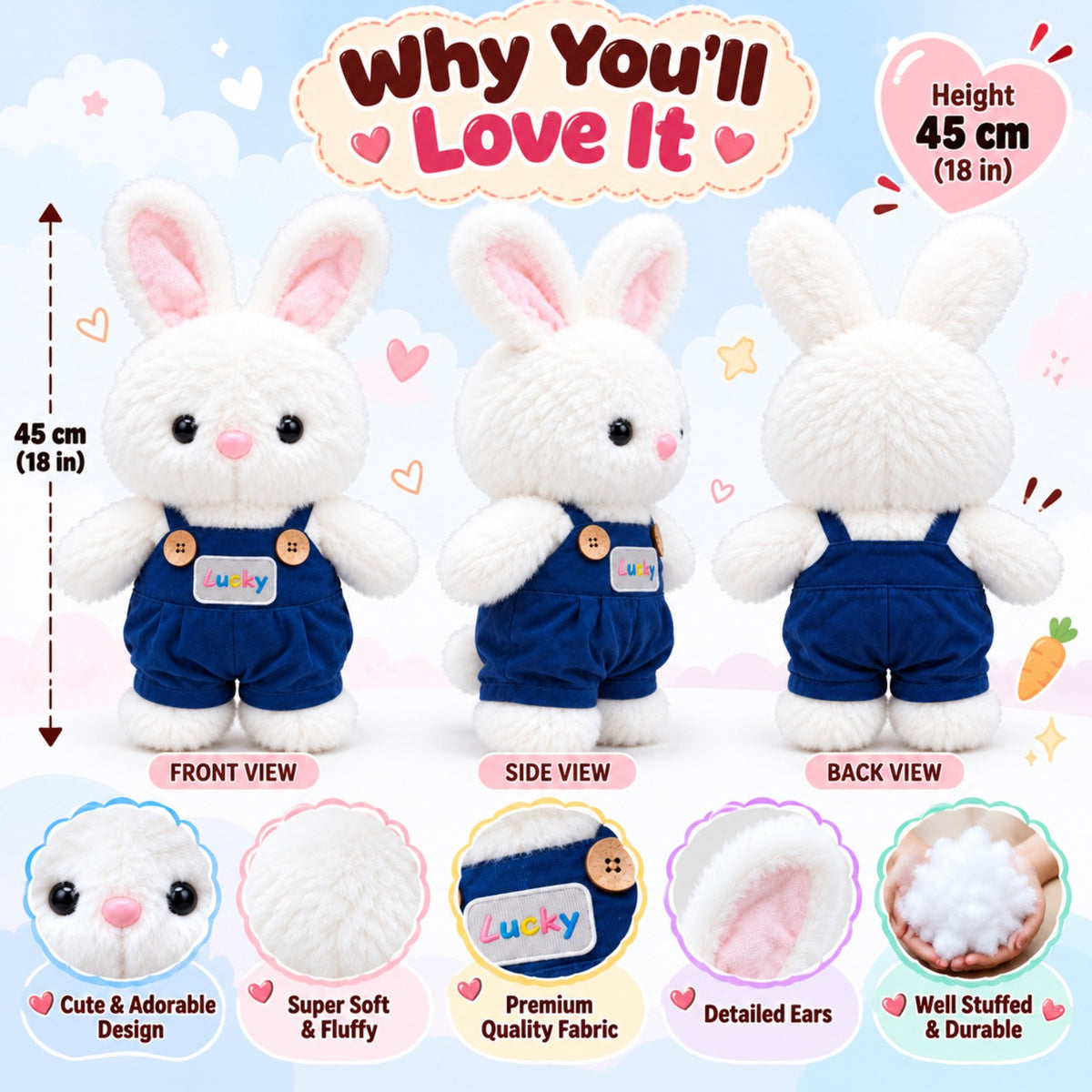 Lucky Snow Bunny 45cm features