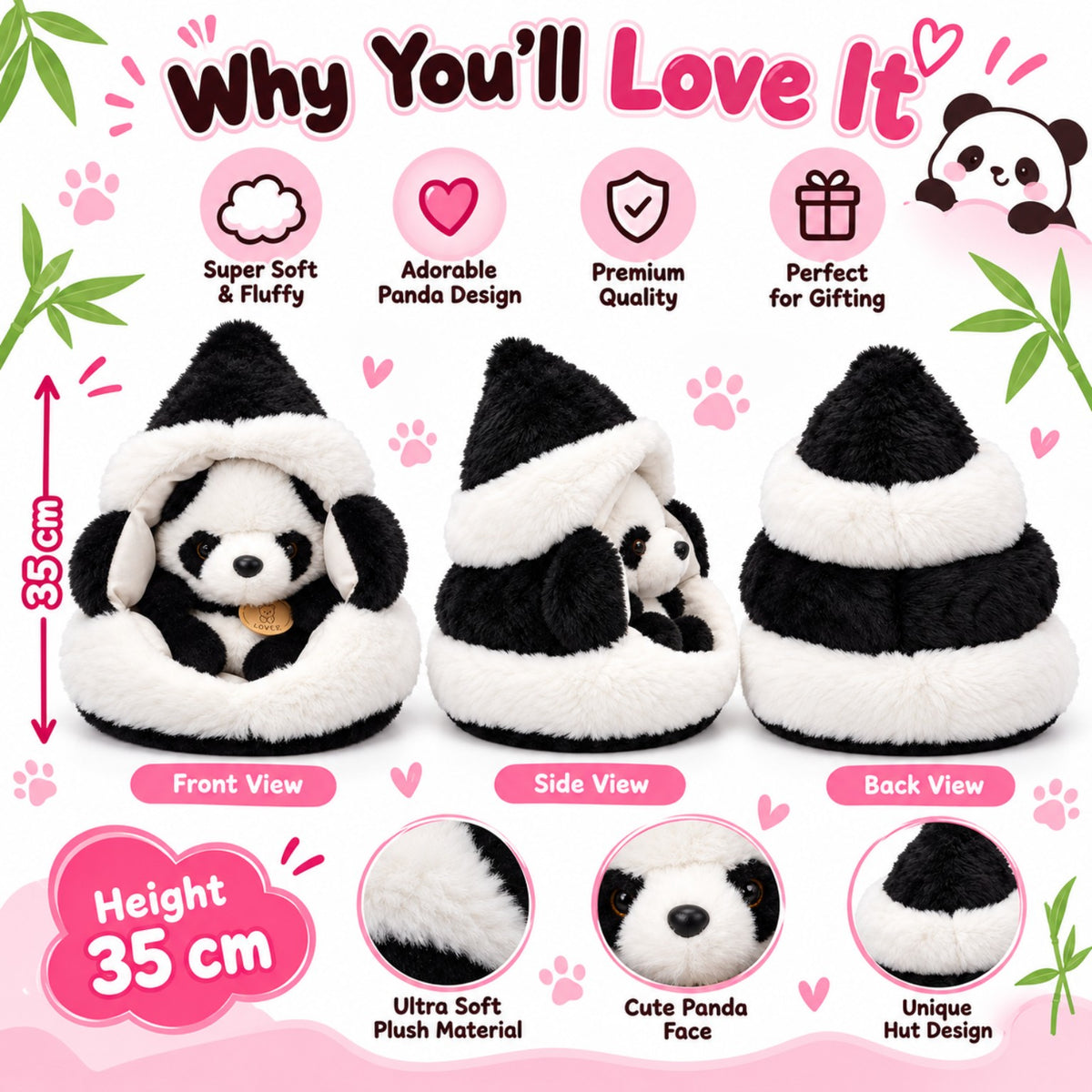 Panda Hut Plushie 35cm product features