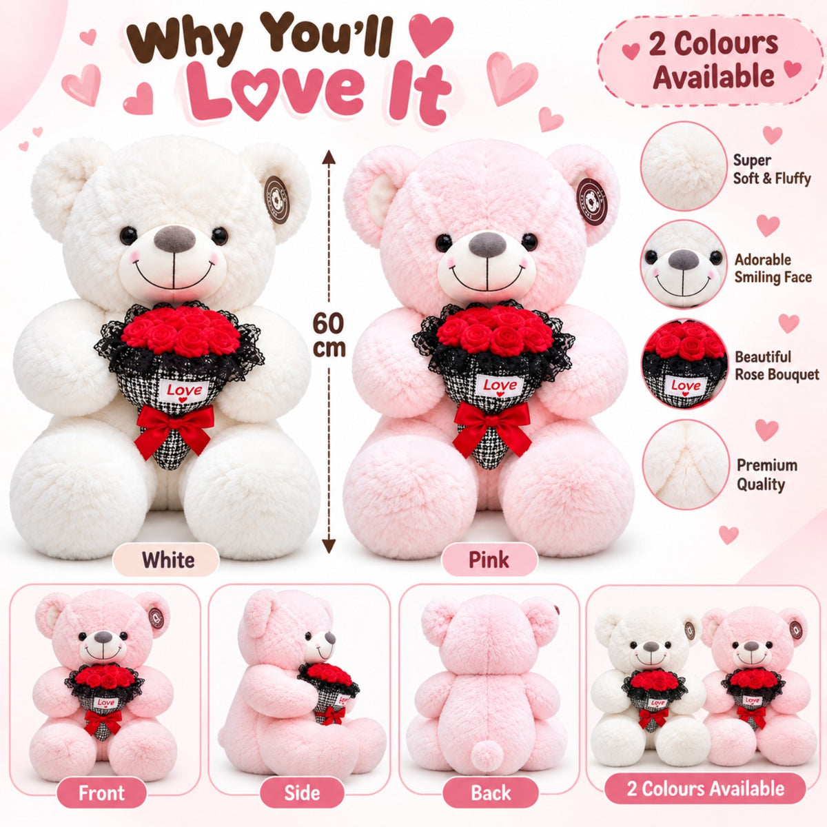 Rosie Bouquet Teddy 60cm features and two colour options