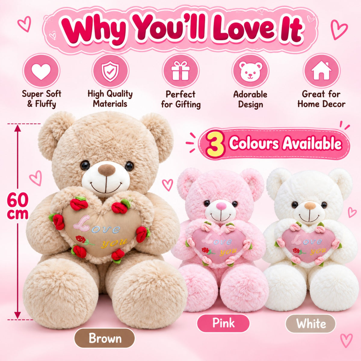 Rosy Heart Teddy 60cm features and three colour options